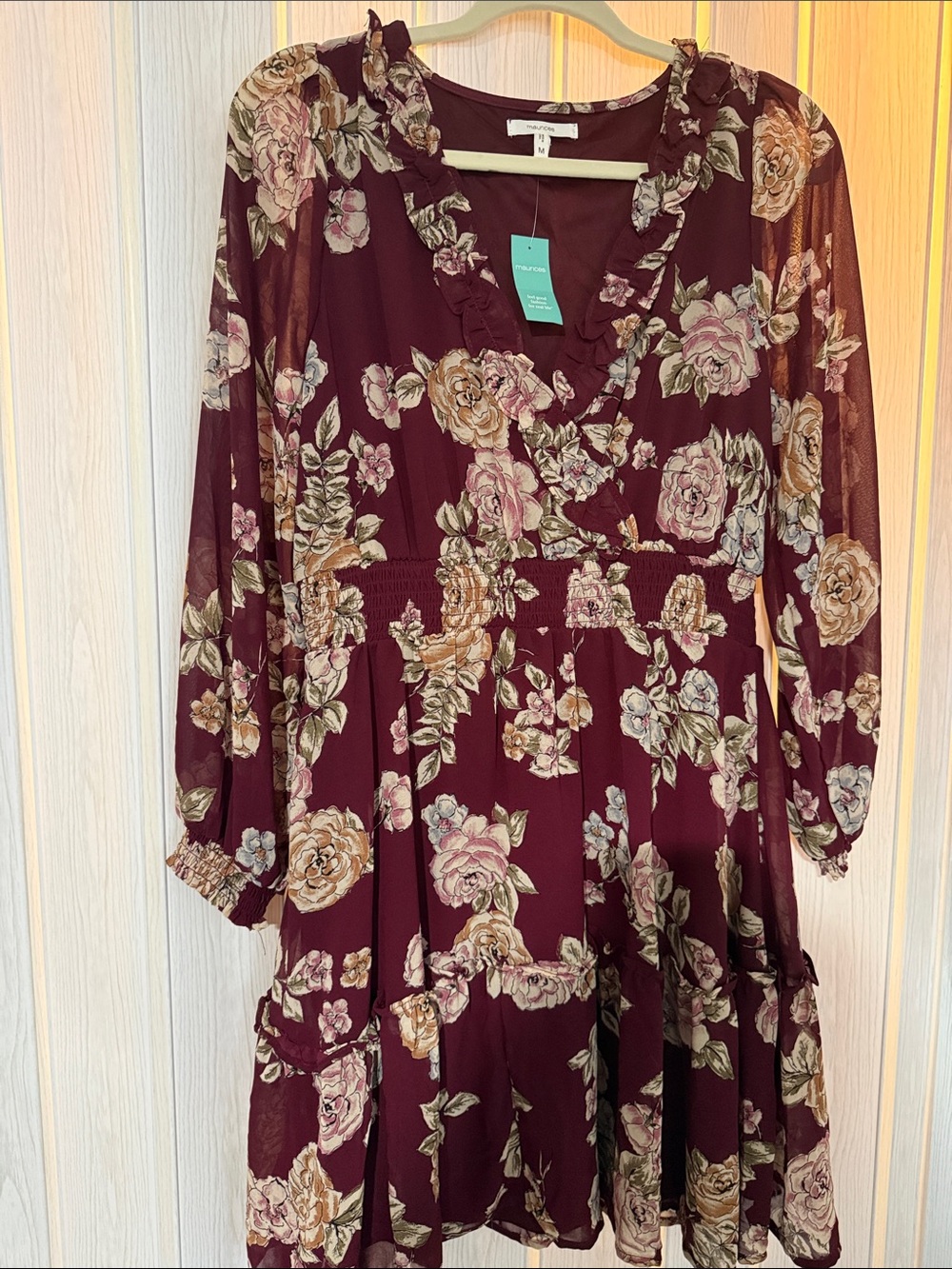 Maurices Burgundy Floral Long Sleeve V-Neck Dress